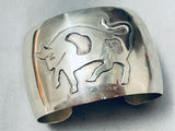 Wide Vintage Navajo Hand Tooled Bull Sterling Silver Bracelet Cuff