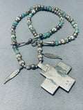 Divine Native American Navajo Jade Sterling Silver Feathers Large Cross Necklace-Nativo Arts