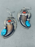 Huge Native American Navajo Turquoise Sterling Silver Bear Cla Coral Earrings-Nativo Arts