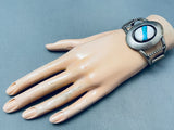 Intricate Vintage Native American Navajo Turquoise Pearl Sterling Silver Inlay Bracelet-Nativo Arts