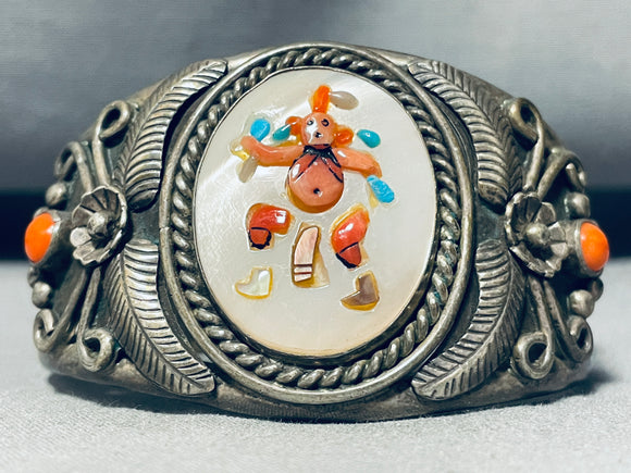 One Of The Best Ever Vintage Native American Zuni Coral Mudhead Sterling Silver Bracelet Inlay-Nativo Arts