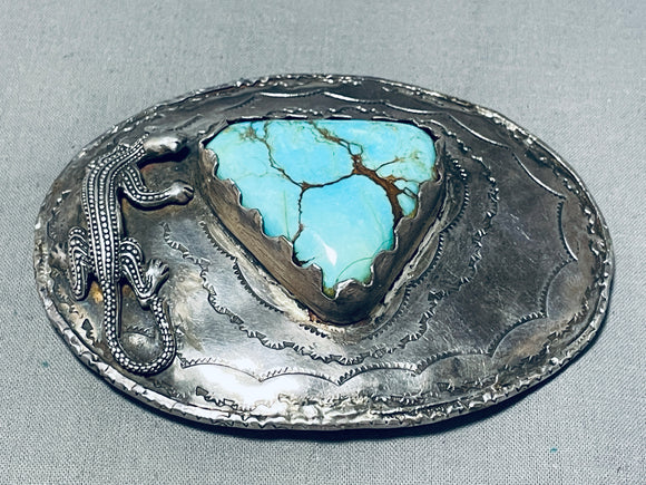 Amazing Vintage Native American Navajo Spider Turquoise Gecko Sterling Silver Buckle-Nativo Arts