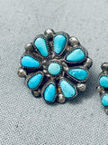Early Vintage Native American Zuni Turquoise Flower Sterling Silver Earrings