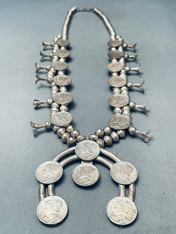 Womens Vintage Native American Navajo Coin Sterling Silver Squash Blossom Necklace-Nativo Arts