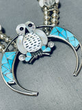 Snow Owl Vintage Native American Zuni Turquoise Inlay Sterling Silver Squash Blossom Necklace-Nativo Arts