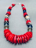 Chunky Native American Navajo Coral Disc Sterling Silver Beaded Necklace-Nativo Arts
