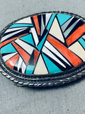 Native American One Of The Most Detailed Vintage Zuni Inlay Turquoise Sterling Silver Bcukle Old-Nativo Arts