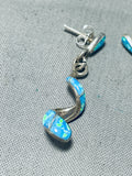Extraordinary Native American Navajo Inlay Opal Sterling Silver Spiral Earrings-Nativo Arts