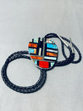 Very Intrciate Vintage Native American Navajo Turquoise Mosaic Inlay Sterling Silver Bolo Tie-Nativo Arts
