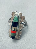 Detailed Vintage Native American Navajo Inlay Turquoise Sterling Silver Ring-Nativo Arts