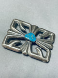 Artistic Vintage Native American Navajo Blue Gem Turquoise Sterling Silver Buckle-Nativo Arts