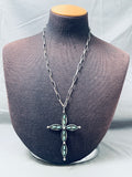 Native American Huge Vintage Navajo 4 Inch Tall Cross Turquoise Sterling Silver Necklace