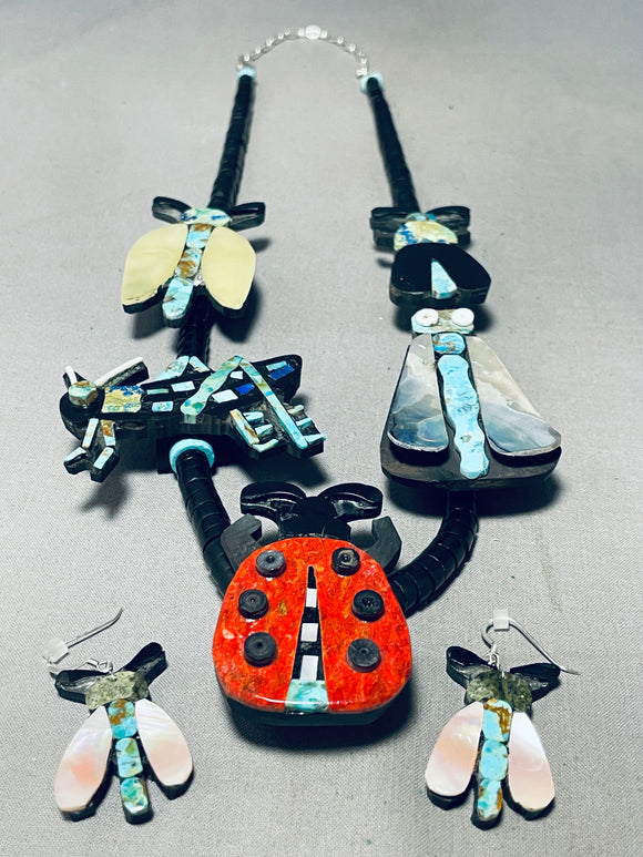 Most Detailed Bug Inlay Turquoise Coral Sterling Silver Santo Domingo Necklace-Nativo Arts