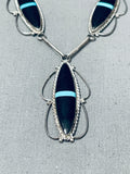 Inlaid Jet Turquoise Vintage Native American Navajo Sterling Silver Pendant Necklace Set