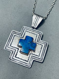 Rare Vintage Native American Navajo Lapis Cross Sterling Silver Necklace