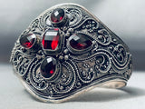 Detailed Vintage Southwest Faux Ruby Sterling Silver Swirl Bracelet