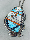 One Of Most Intricate Vintage Native American Navajo Inlay Turquoise Sterling Silver Necklace-Nativo Arts