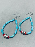 Native American Beautiful Santo Domingo Turquoise Coral Sterling Silver Earrings-Nativo Arts
