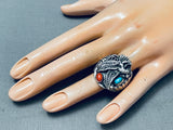 Huge Heavy Vintage Native American Navajo Eagle Sterling Silver Turquoise Ring