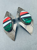 The Best Vintage Native American Navajo Malachite Inlay Sterling Silver Earrings-Nativo Arts