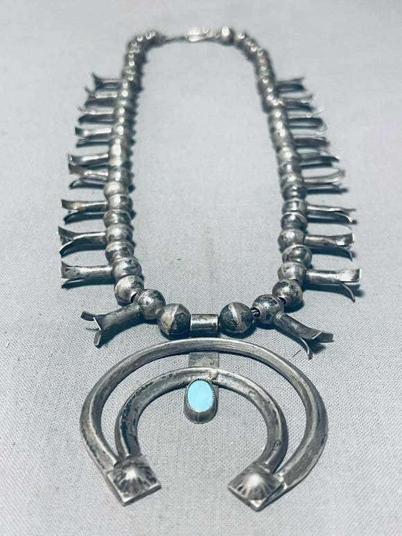 Very Very Old Vintage Native American Navajo Turquoise Sterling Silver Squash Blossom Necklace-Nativo Arts