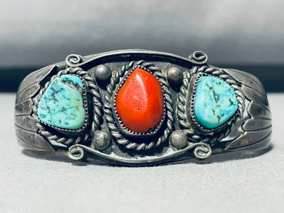 Chunk Of Coral!!! Vintage Native American Navajo Turquoise Sterling Silver Flank Bracelet-Nativo Arts