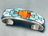 6.5 Wrist Vintage Signed Native American Navajo Inlay Turquoise Coral Sterling Silver Bracelet-Nativo Arts