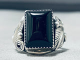 Elegant Vintage Native American Navajo Jet Square Sterling Silver Large Ring-Nativo Arts
