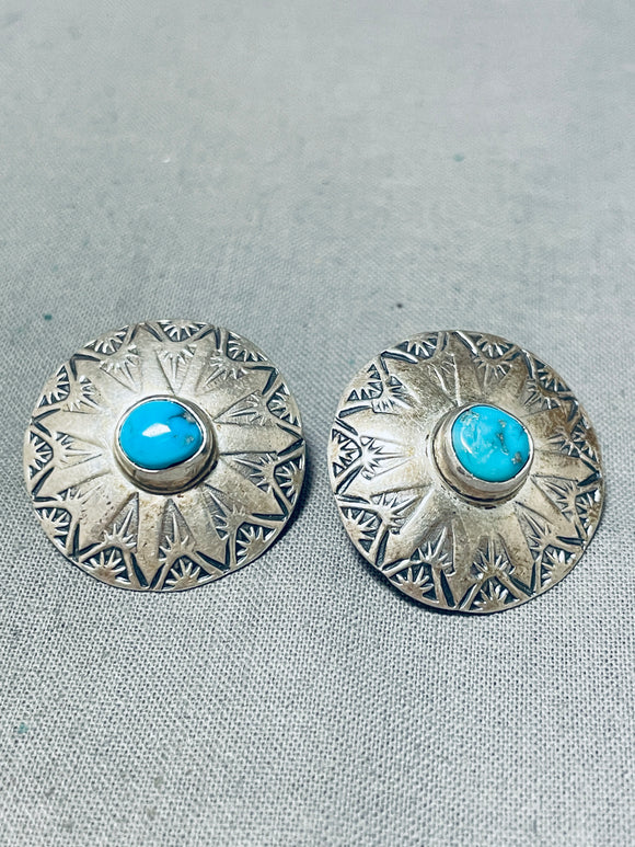 Authentic Vintage Native American Navajo Blue Gem Turquoise Sterling Silver Earrings-Nativo Arts