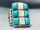 Native American One Of The Best Vintage Zuni Turquoise Inlay Sterling Silver Ring- Heavy-Nativo Arts