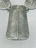 Biggest Best Vintage Native American Navajo Hand Carved Sterling Silver Feather Necklace-Nativo Arts