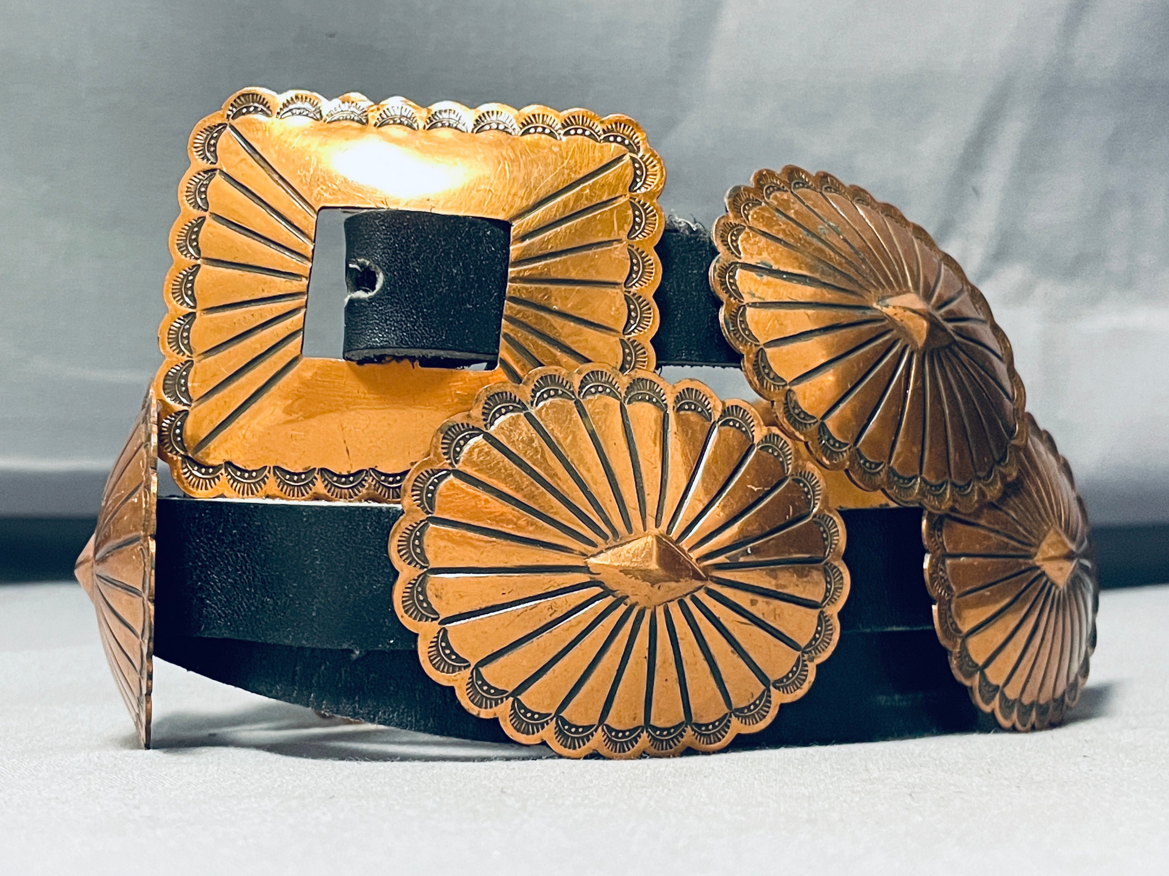 40s〜navajo heavy weigt belt おまけ付き！ Navajo Stamped Silver Belt Buckle with Turquoise Cabochon, c.1940