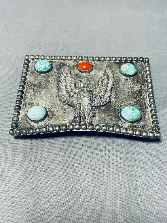 Heavy Eagle 79 Grams Vintage Native American Navajo Turquoise Sterling Silver Buckle-Nativo Arts