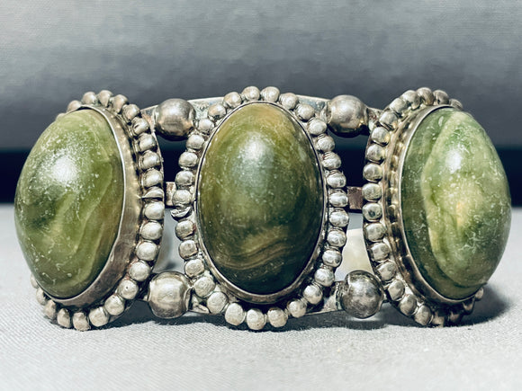 One Of The Best Ever Vintage Native American Navajo Olive Jasper Sterling Silver Bracelet-Nativo Arts