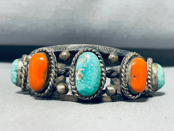 Tremendous Vintage Native American Navajo Royston Turquoise & Coral Sterling Silver Bracelet-Nativo Arts