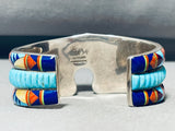 The Most Intricate Southwest Bear Turquoise Lapis Sterling Silver Inlay Bracelet-Nativo Arts