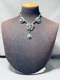 Fabulous Vintage Native American Navajo 4 Morenci Turquoise Sterling Silver Leaves Necklace-Nativo Arts