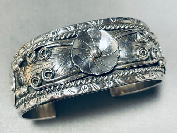 Freddy James Vintage Native American Navajo Floral Sterling Silver Bracelet Cuff