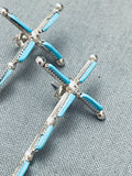 Long Cross Vintage Native American Zuni Needle Turquoise Sterling Silver Earrings-Nativo Arts