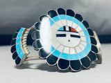 Massive Vintage Native American Zuni Signed Inlay Sunface Turquoise Sterling Silver Bracelet-Nativo Arts