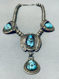 Fabulous Vintage Native American Navajo 4 Morenci Turquoise Sterling Silver Leaves Necklace-Nativo Arts