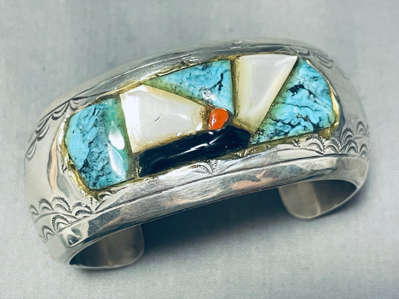 6.5 Inch Wrist Vintage Native American Navajo Turquoise Inlay Sterling Silver Bracelet Cuff-Nativo Arts