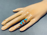 Colorful Vintage Native American Navajo Blue Gem Turquoise Coral Sterling Silver Ring-Nativo Arts