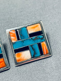 Very Intricate Vintage Native American Navajo Turquoise Shell Sterling Silver Inlay Earrings-Nativo Arts