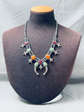 Native American Womens Green Turquoise Vintage Sterling Silver Squash Blossom Necklace