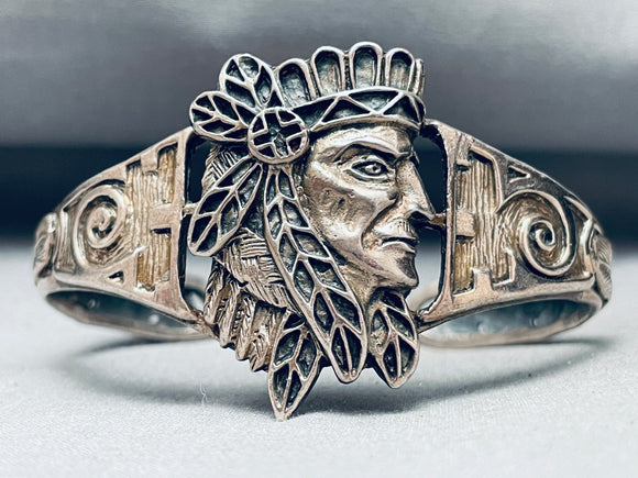 Highly Detailed Vintage Native American Navajo Chief Sterling Silver Flank Bracelet-Nativo Arts