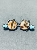 Amazing Vintage Native American Zuni Shell & Blue Gem Turquoise Sterling Silver Turtle Earrings-Nativo Arts