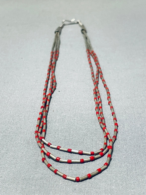 Fabulous Vintage Native American Navajo 3 Strand Coral Sterling Silver Necklace-Nativo Arts