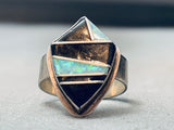 Intricate Vintage Native American Navajo Opal Jet Inlay Sterling Silver Ring-Nativo Arts
