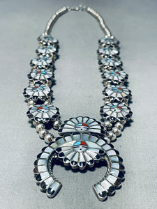 Dropdead Fab Vintage Native American Zuni Turquoise Inlay Sterling Squash Blossom Necklace-Nativo Arts